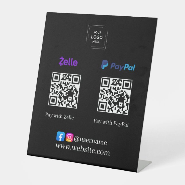 Signe De Table Présentoir de code QR Zelle PayPal noir pour paiem (Recto)