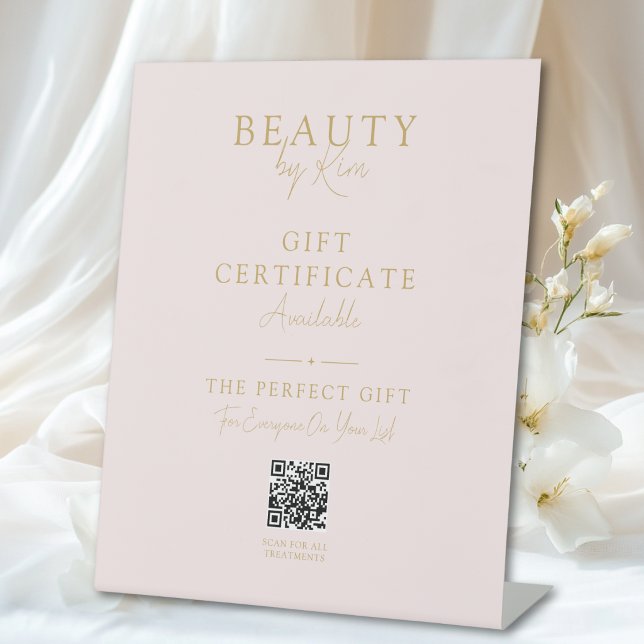 Signe De Table Présentoir de promotion de certificat cadeau de sa (Salon Gift Certificate Promo Pedestal with QR Code Sign)