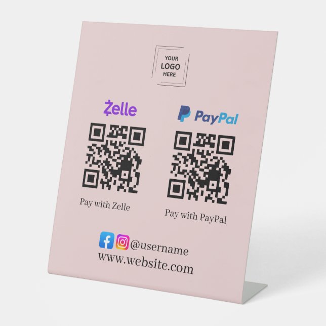 Signe De Table Présentoir QR Code Zelle PayPal rose pour paiement (Recto)