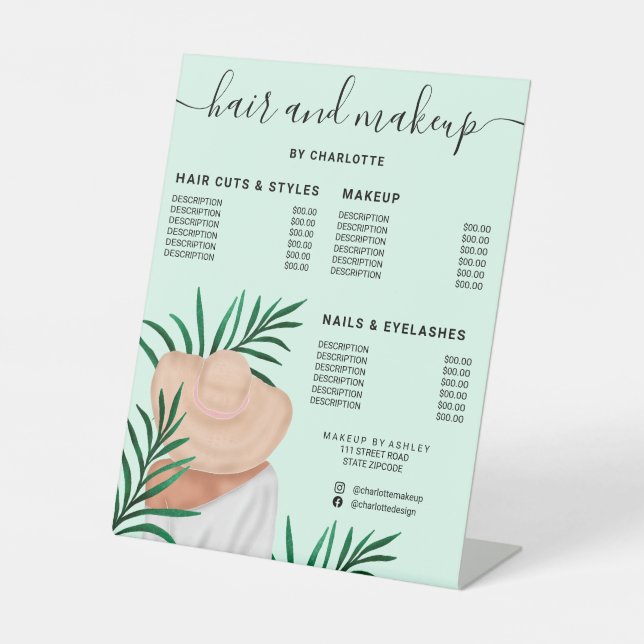 Signe De Table Prix du salon de maquillage vert feuille tropicale (Recto)