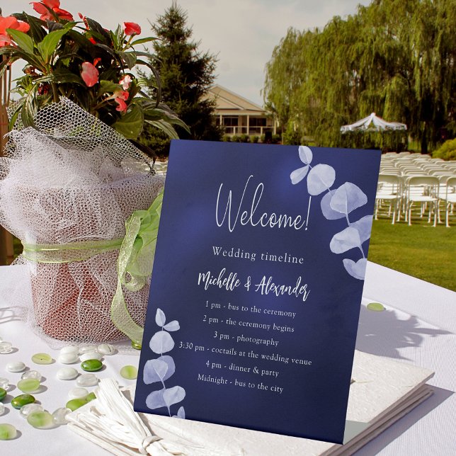 Signe De Table Programme de mariage bleu de la marine eucalyptus (Créateur téléchargé)