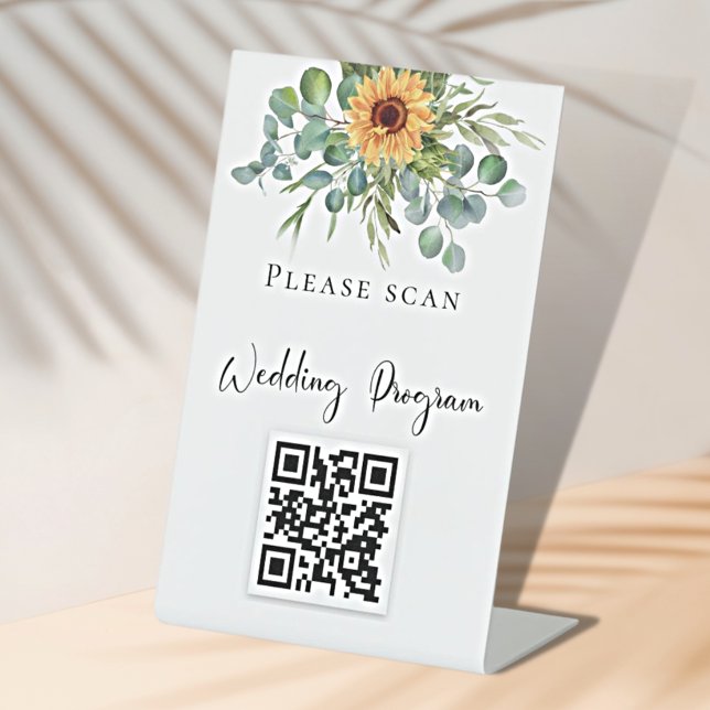 Signe De Table Programme de mariage QR code tournesols eucalyptus (Créateur téléchargé)