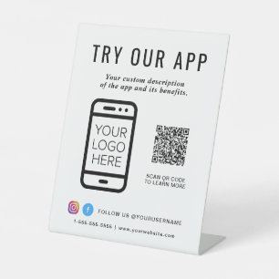 Signe De Table Promotionnels Essayer Notre App QR Code Logo