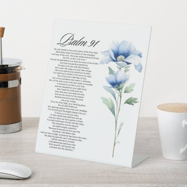 Signe De Table Psaume 91 Aquarelle Bleu Fleur Bible Écritures (In SItu)