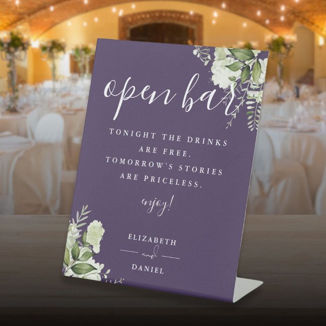 Signe De Table Purple Elegant Vert Floral Open Bar (Purple Elegant Greenery Floral Open Bar Pedestal Sign)