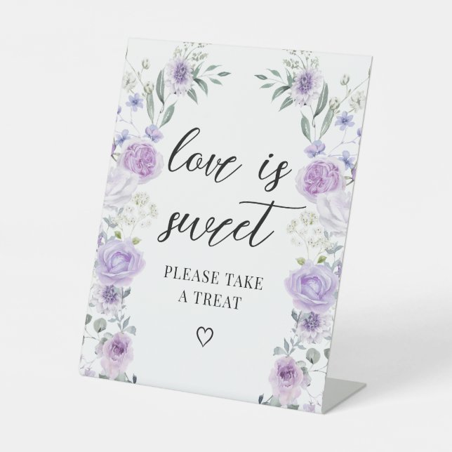 Signe De Table Purple Floral Love is Sweet Wedding Treat Sign (Recto)