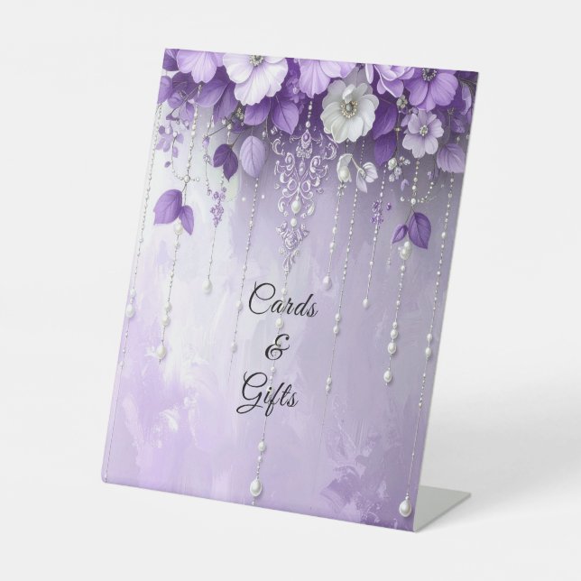 Signe De Table Purple Flowers with Dangling Pearls Tabletop Signs (Recto)