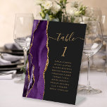Signe De Table Purple Gold Agate Script Dark Mariage Numéro de ta<br><div class="desc">Le bord gauche de cet élégant socle de numéro de table mariage moderne est doté d'une bordure d'aquarelle violette ornée d'une parties scintillant en faux or. Le mot "table" apparaît dans un script blanc couleur or sur un arrière - plan noir ardoise. Ajoutez les noms de vos invités qui sont...</div>