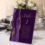 Signe De Table Purple Gold Agate Script Plum Mariage Numéro de ta<br><div class="desc">Le bord gauche de cet élégant socle de numéro de table mariage moderne est doté d'une bordure d'aquarelle violette ornée d'une parties scintillant en faux or. Le mot "table" apparaît dans un script blanc couleur or sur un riche arrière - plan de prune. Ajoutez les noms de vos invités qui...</div>