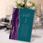 Signe De Table Purple Gold Agate Script Turquoise Mariage Numéro<br><div class="desc">Le bord gauche de cet élégant socle de numéro de table mariage moderne est doté d'une bordure d'aquarelle violette ornée d'une parties scintillant en faux or. Le mot "table" apparaît dans un script blanc de couleur or sur un arrière - plan bleu turquoise. Ajoutez les noms de vos invités qui...</div>