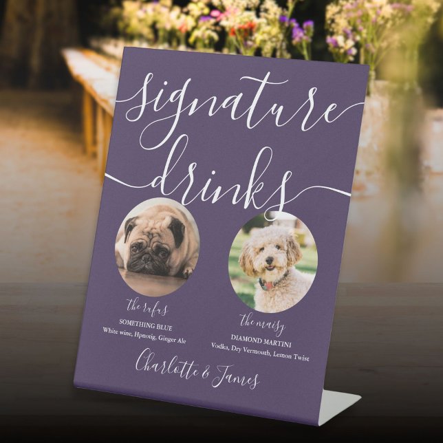 Signe De Table Purple Mariage Pet Chien Signature Boissons (Purple Wedding Pet Dog Signature Drinks Pedestal Sign)