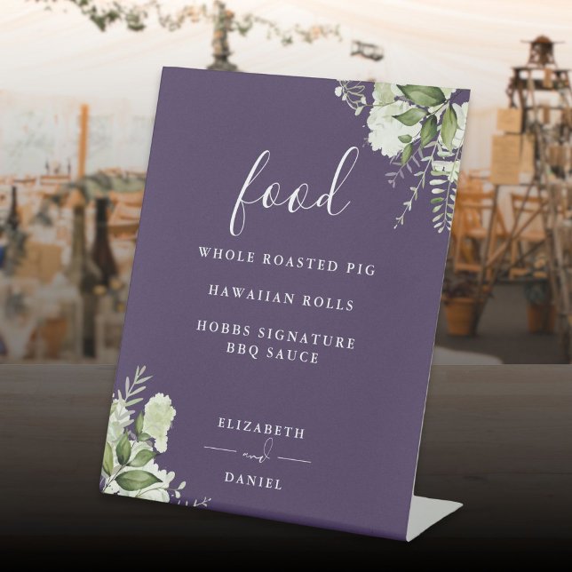 Signe De Table Purple Moderne Floral Green Menu Alimentation (Purple Modern Floral Greenery Food Menu Pedestal Sign)