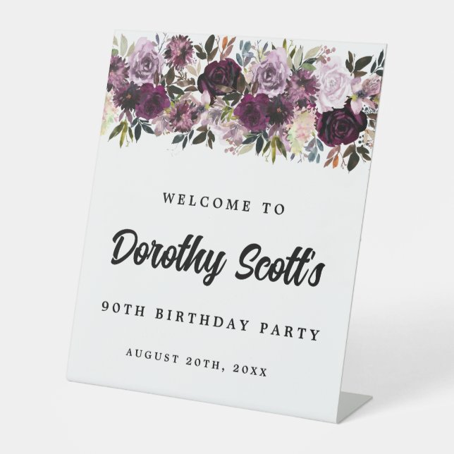 Signe De Table Purple rose 90e fête d'anniversaire Bienvenue (Recto)