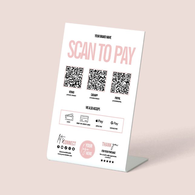 Signe De Table QR Code balayage pour payer Venmo Paypal (scan to pay QR code pedestal sign, payment sign)