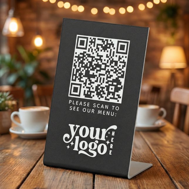 Signe De Table QR Code Black Menu Logo Contact Café moderne sans  (QR Code Black Menu Logo Contactless Modern Cafe Pedestal Sign)