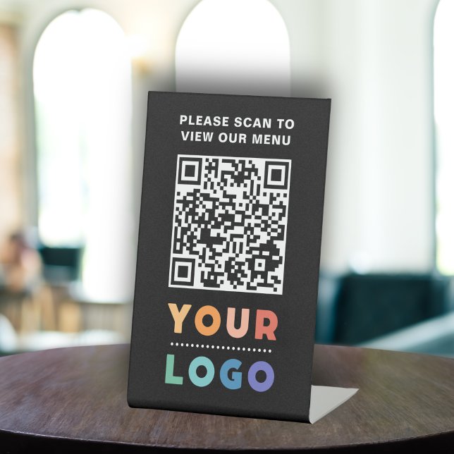 Signe De Table QR Code Black Menu Logo Contact Café moderne sans  (QR Code Black Menu Logo Contactless Modern Cafe Pedestal Sign)