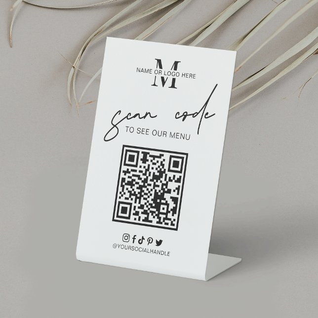 Signe De Table QR Code Café Shop Menu Minimal Black White Logo (Showcase your menu with this QR code pedestal sign in minimalist black and white design)