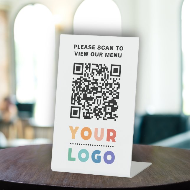 Signe De Table QR Code Menu Blanc Logo Contact Café moderne sans  (QR Code White Menu Logo Contactless Modern Cafe Pedestal Sign)