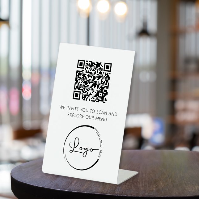 Signe De Table QR Code Menu Blanc Logo Restaurant Moderne (Créateur téléchargé)