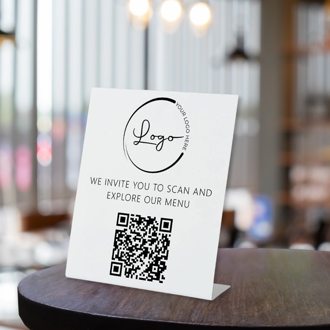 Signe De Table QR Code Menu Blanc Logo Restaurant Moderne (Créateur téléchargé)