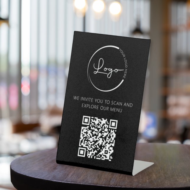 Signe De Table QR Code Menu Blanc Logo Restaurant Moderne (Créateur téléchargé)