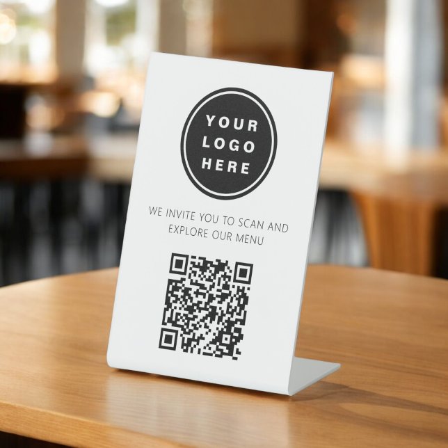 Signe De Table QR Code Menu Blanc Logo Restaurant Moderne (Créateur téléchargé)