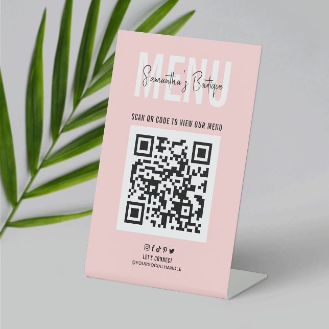 Signe De Table QR Code Menu Pink Business Logo sans contact (Make feminine menu signs for your business with this blush pink QR code table top sign design)