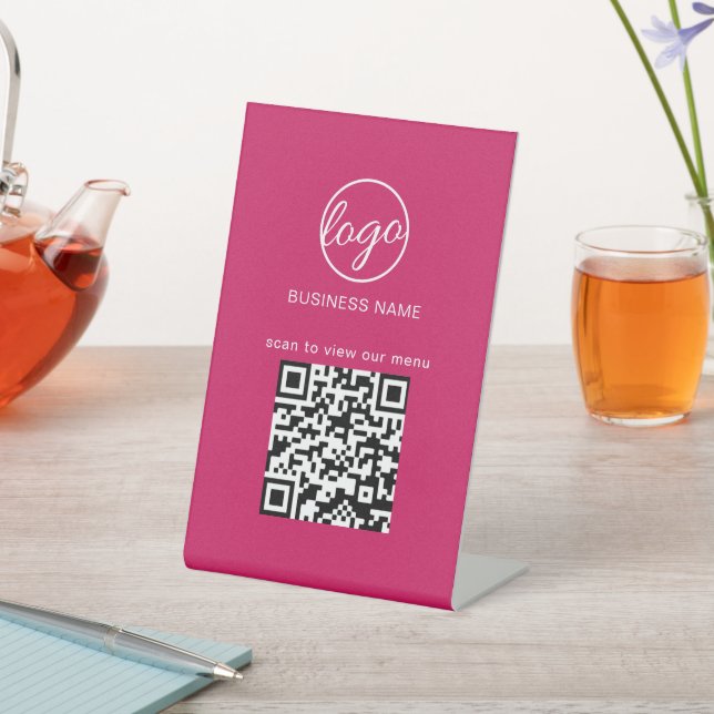 Signe De Table QR Code Menu Restaurant Business Logo Hot Pink (In SItu)