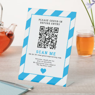 Signe De Table QR Code Scan me Check-in business covid sign blue