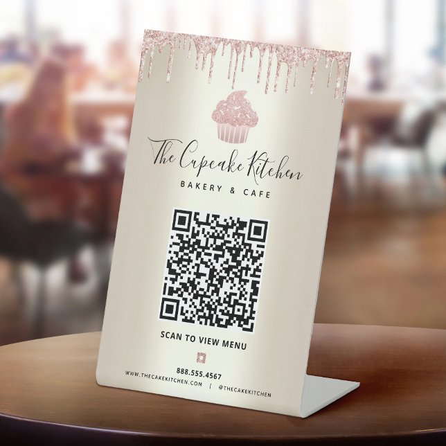 Signe De Table QR Code Scan Menu Pink Cupcake Parties scintillant (Créateur téléchargé)