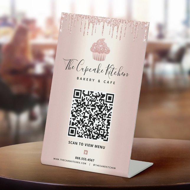 Signe De Table QR Code Scan Menu Rose Gold Cupcake Parties scinti (Créateur téléchargé)