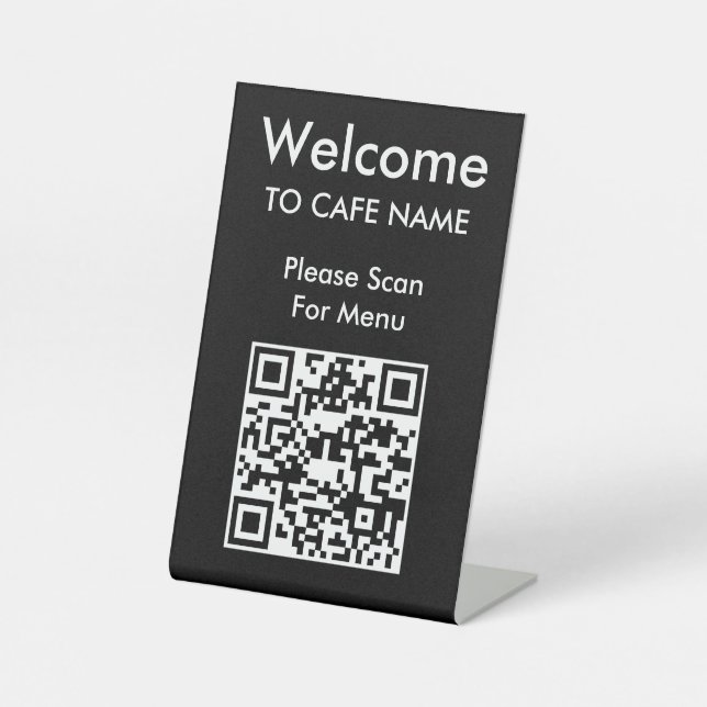 Signe De Table QR Code Welcome Cafe Restaurant Menu Noir (Recto)