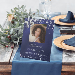 Signe De Table Quinceanera bleu argent étoiles photo bienvenue