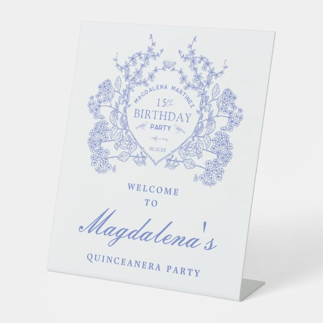 Signe De Table Quinceanera Blue Floral Crest Bienvenue (Recto)