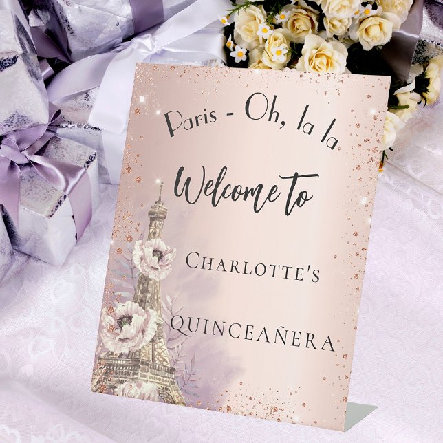 Signe De Table Quinceanera Paris tour eiffel or rose bienvenue (Créateur téléchargé)