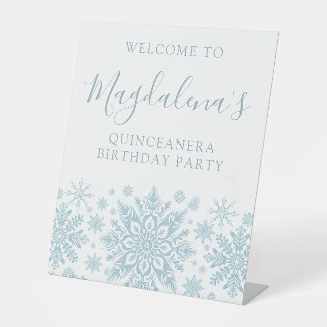 Signe De Table Quinceanera Party Blue White Snowflake Bienvenue (Recto)