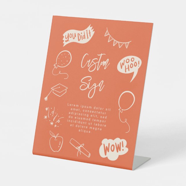 Signe De Table Quirky Doodle Graduation Party Orange Custom (Recto)