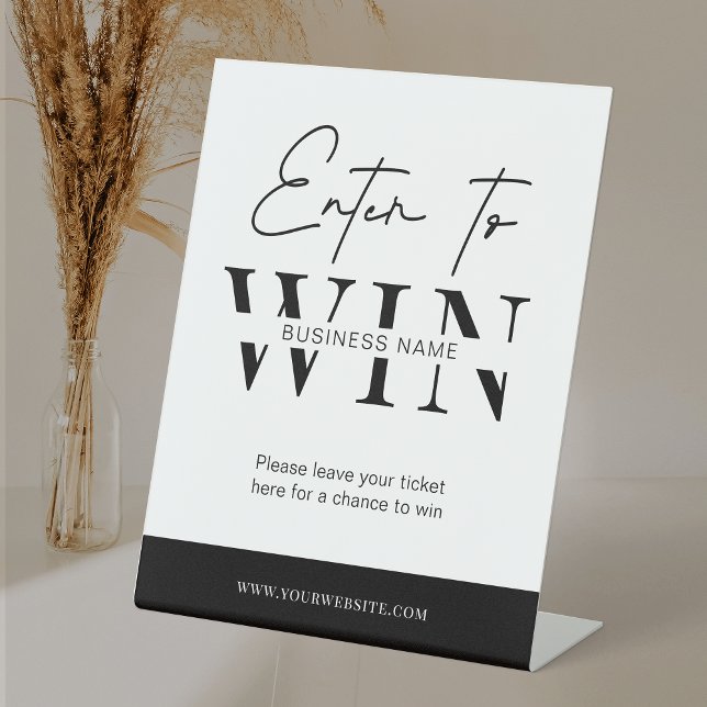 Signe De Table Raffle d'affaires noir et blanc minimal Entrez pou (Minimalist Enter to Win raffle sign for your business or private prize draw event)