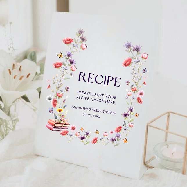 Signe De Table Recette de Baby Shower Fleur Sauvage de Conte de F (Storybook wildflower bridal shower recipe sign with watercolor florals and boho charm.)