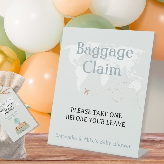 Signe De Table Réclamation des bagages Merci de prendre un cadeau (Baggage Claim Please Take One Travel Baby Shower Pedestal Sign)