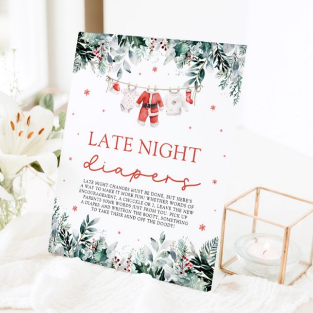 Signe De Table Red Christmas Père Noël Baby shower Late Night Dia (Watercolor Red Christmas Santa Baby Shower Late Night Diapers Pedestal Sign)