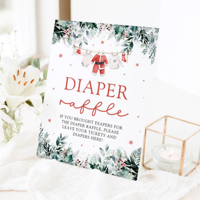 Signe De Table Red Père Noël Baby Baby shower de Noël Déchets Raf (Watercolor Red Santa Baby Christmas Baby Shower Diaper Raffle Pedestal Sign)