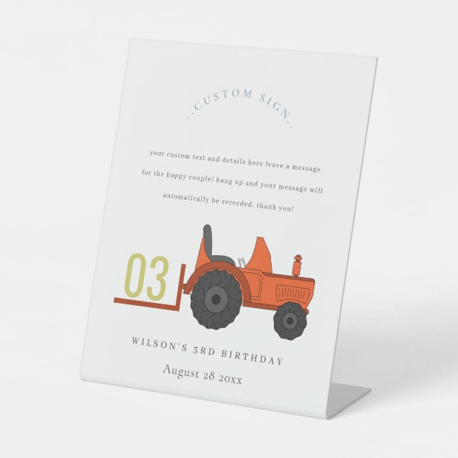 Signe De Table Red Rust Farm Tractor Anniversaire de enfant Custo (Recto)