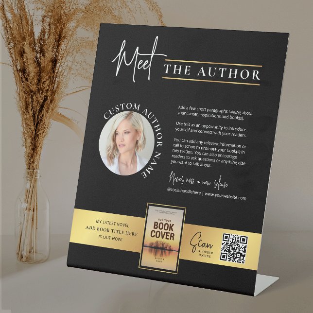 Signe De Table Rencontrez L'Auteur Photo Book Signer Faux Gold Si (Modern black and gold meet the author table sign design with your custom photos and text)