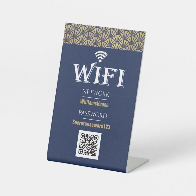 Signe De Table Réseau de mot de passe Wifi Blue Gold QR Code élég (Recto)