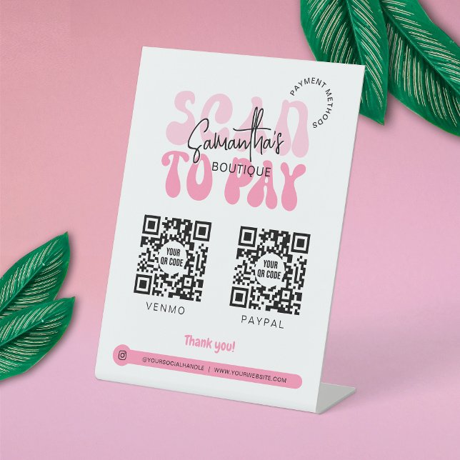 Signe De Table Retro 2 QR Codes numérisation pour payer achat ros (Retro pink and white Business Scan To Pay Sign with space for 2 QR codes)
