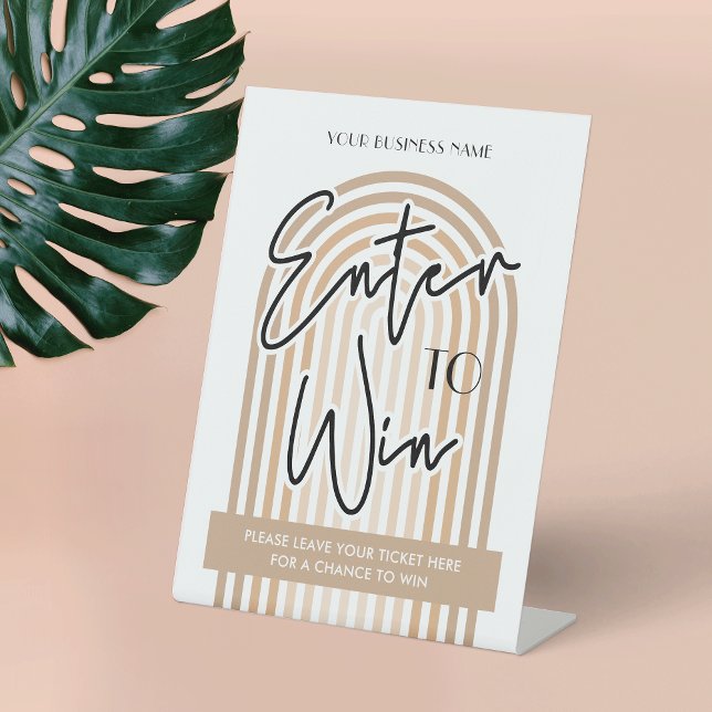 Signe De Table Retro Arch Boho Crème Business Prize Draw Raffe (Add the finishing touch to your raffle with this boho beige & white Enter to Win sign)