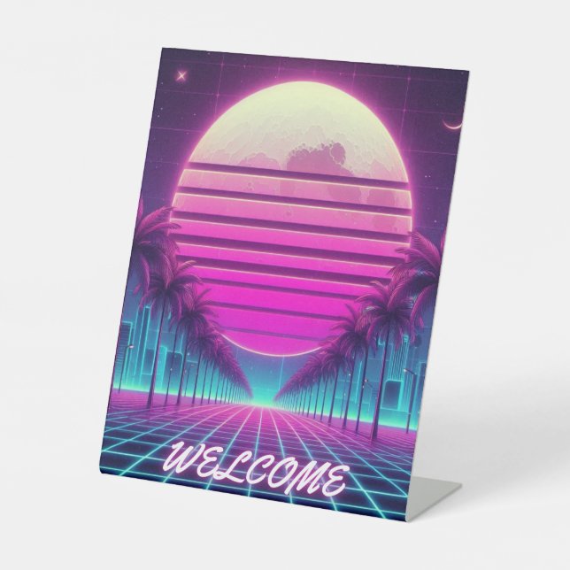 Signe De Table rétro, lune de néon des années 80/palmiers (Recto)