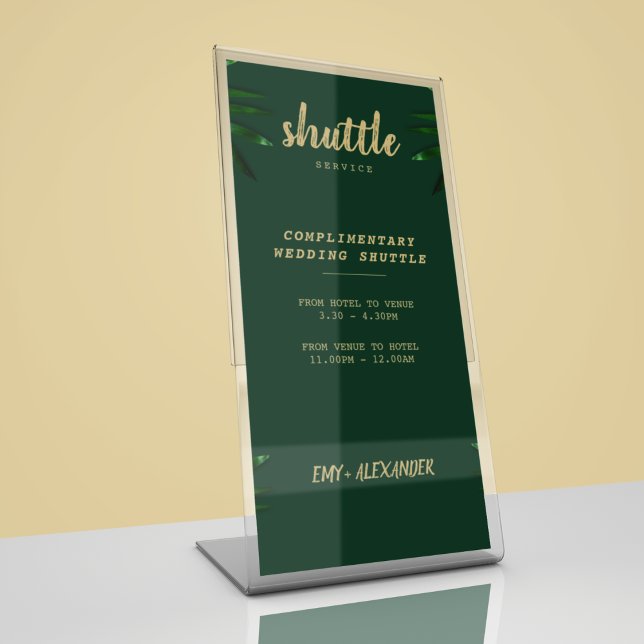 Signe De Table Riche Vert Golden Thème Enregistrer La Date (place these wedding shuttle card to help your guests with the timing and transportation)