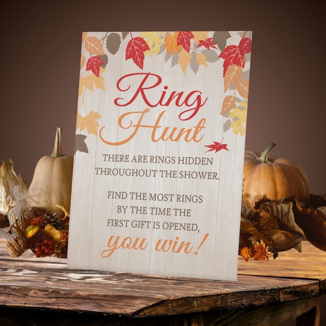 Signe De Table Ring Hunt Automne Fête des mariées Partie (Ring Hunt Fall Bridal Shower Standing Pedestal Game Sign for a Fall in Love Celebration. Fall leaves)